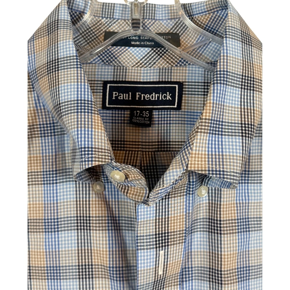Paul Fredrick Mens 17-35 Blue Tan Plaid Cotton‎ Classic Fit Button Down Shirt